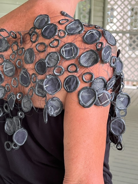 Upcycled Rubber and Antique Kimono Silk Shrug - Black