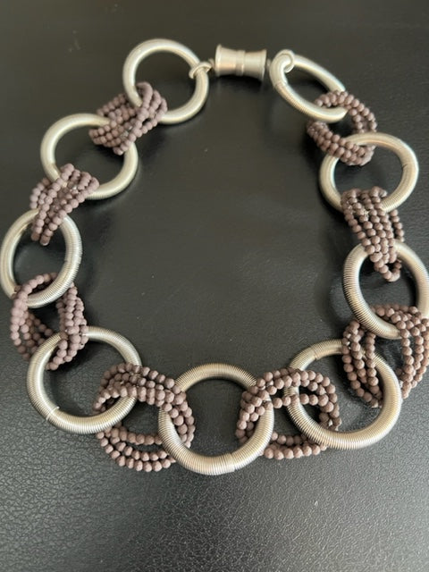 Piano Wire Necklace with Hematite Beads (Gold/Turquoise or Silver/Purple)