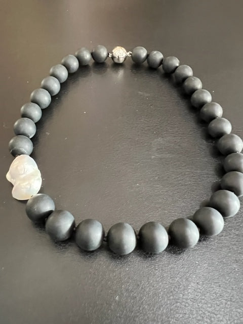 Onyx and Biwa Pearl Necklace