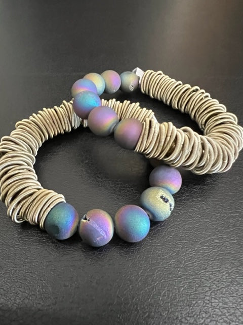 Bronze Spring Ring Bracelet with Iridescent Geodes