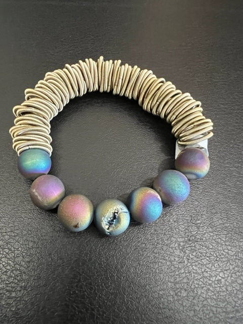 Bronze Spring Ring Bracelet with Iridescent Geodes