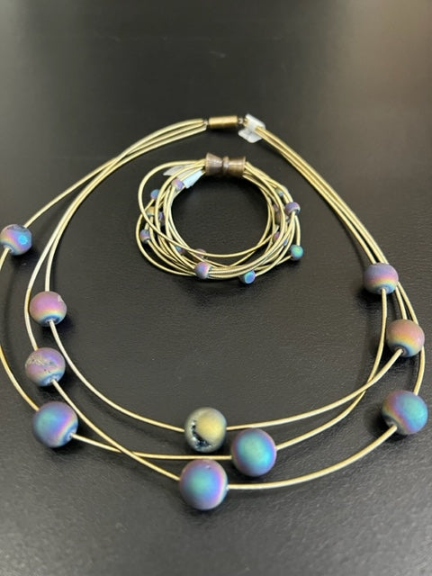Bronze 3-Strand Piano Wire Necklace with Layered Iridescent Geodes