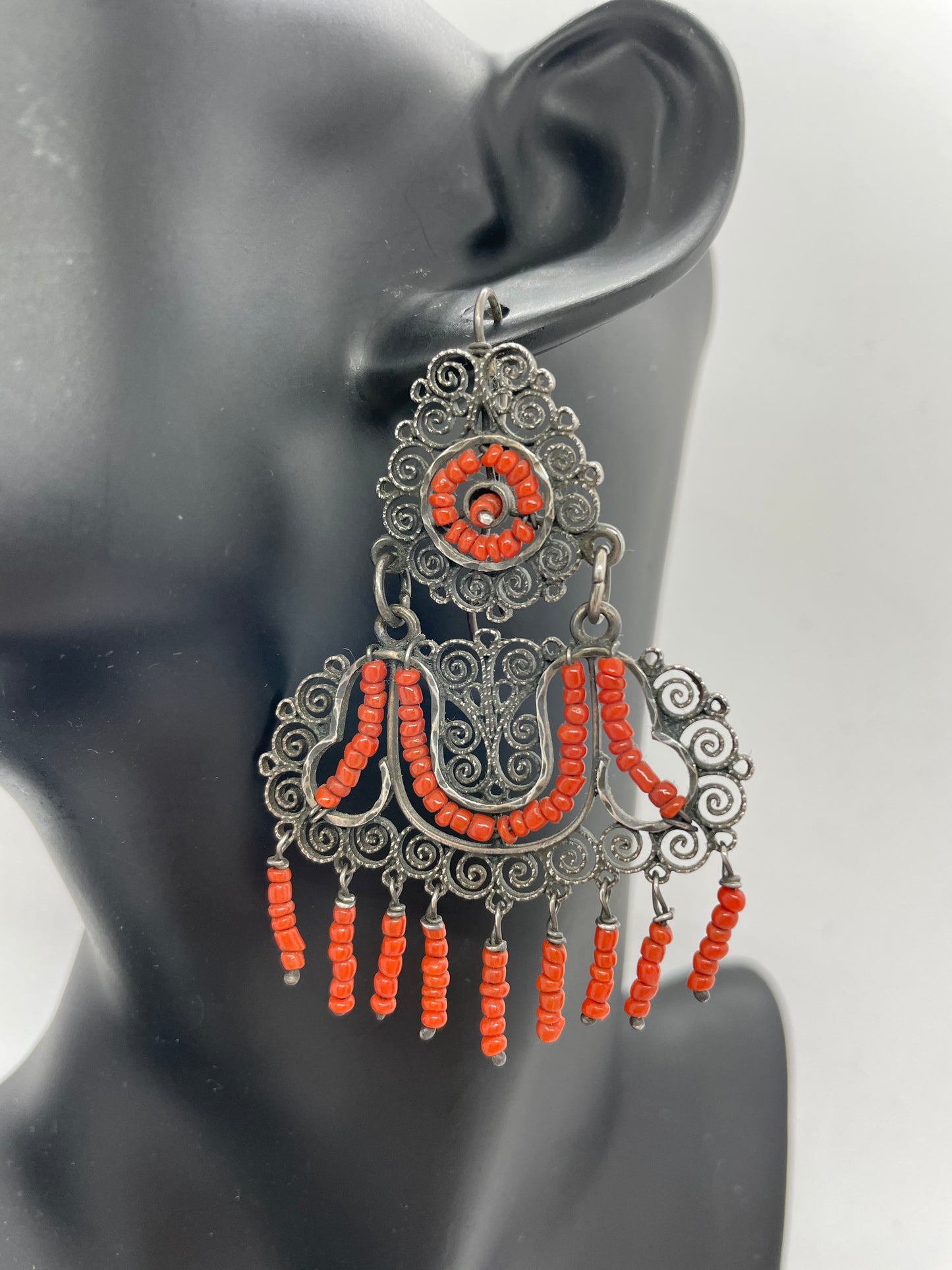Coral & Sterling Silver Mexican Earrings