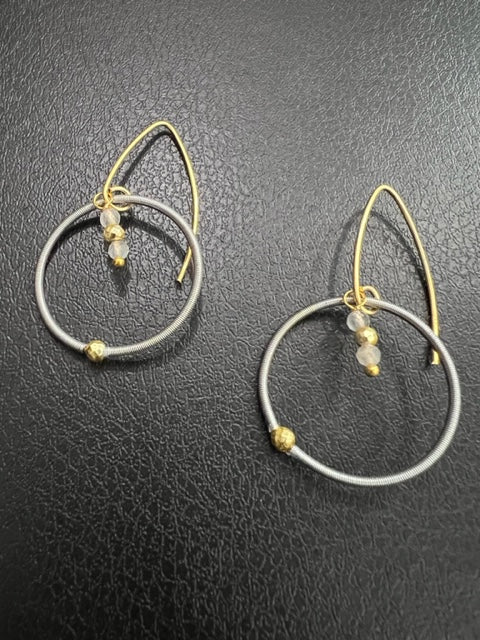 Light Gray Piano Wire Hoops with Moonstone