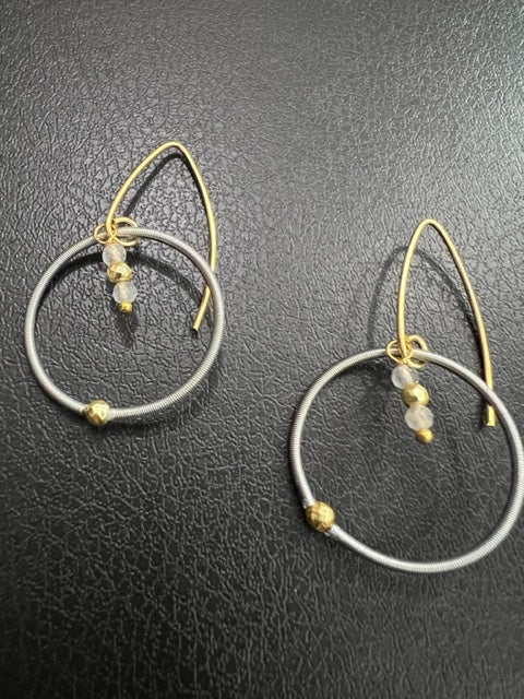 Light Gray Piano Wire Hoops with Moonstone