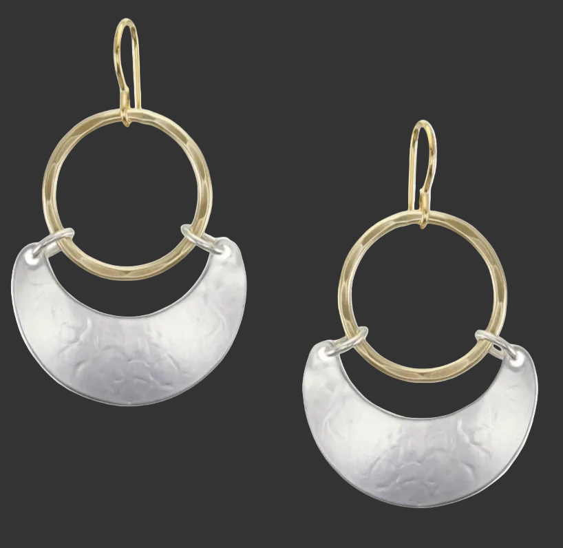Large Ring with Hinged Crescent Wire Earrings - Brass and Silver