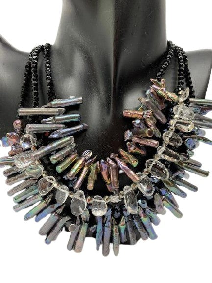 5-strand crystal and stick pearl necklace