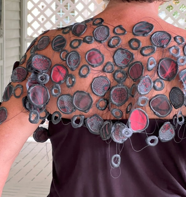 Upcycled Rubber and Antique Kimono Silk Shrug - Red and Black