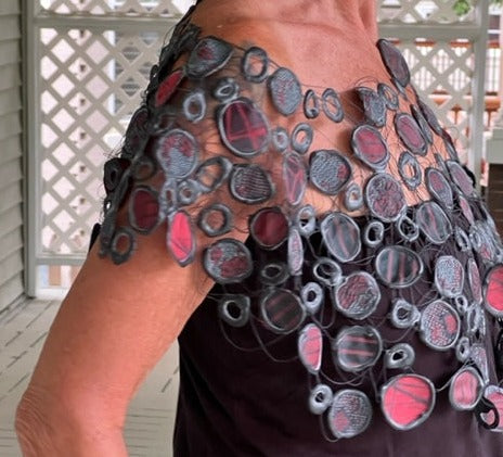 Upcycled Rubber and Antique Kimono Silk Shrug - Red and Black