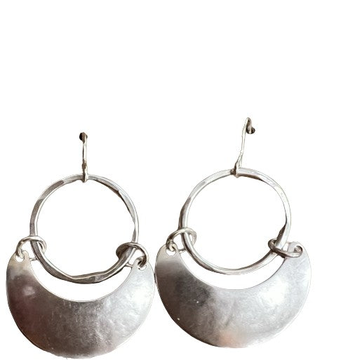 Large Ring with Hinged Crescent Wire Earrings - All Silver