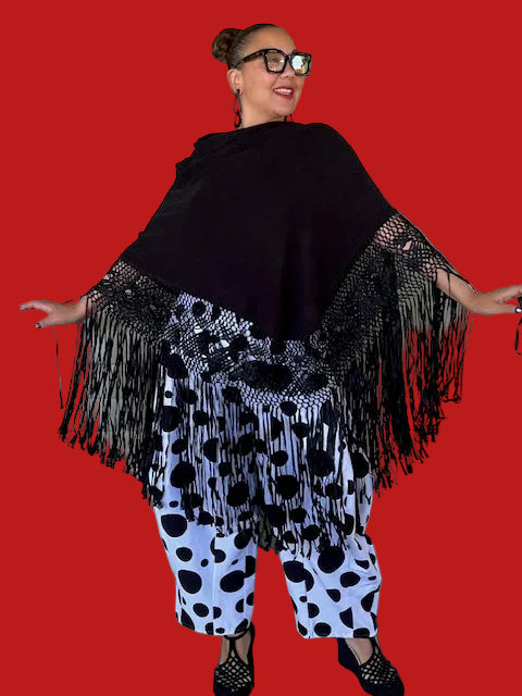 Black Silk and Cashmere Poncho with hand made macrame border