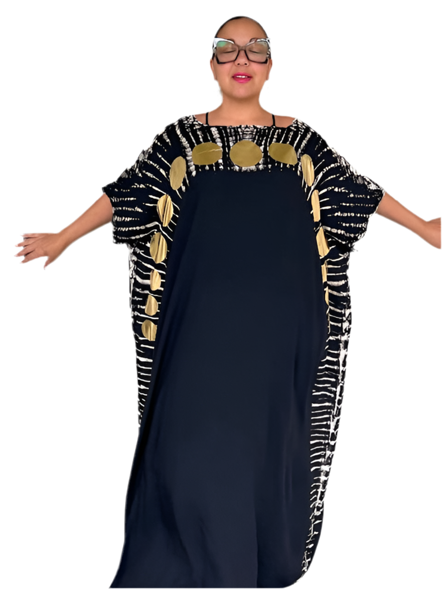 Black Caftan with  Big Gold Polka Dots