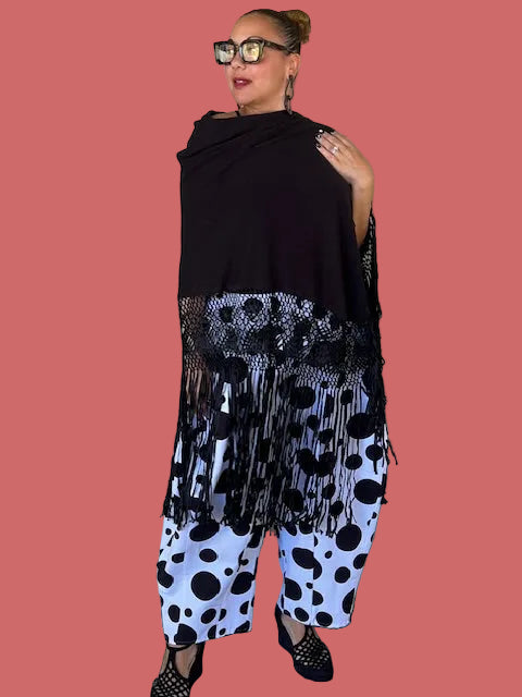 Black Silk and Cashmere Poncho with hand made macrame border