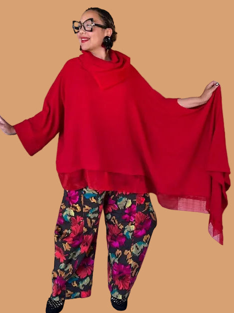 Dth Red Knit Cowl Neck Poncho