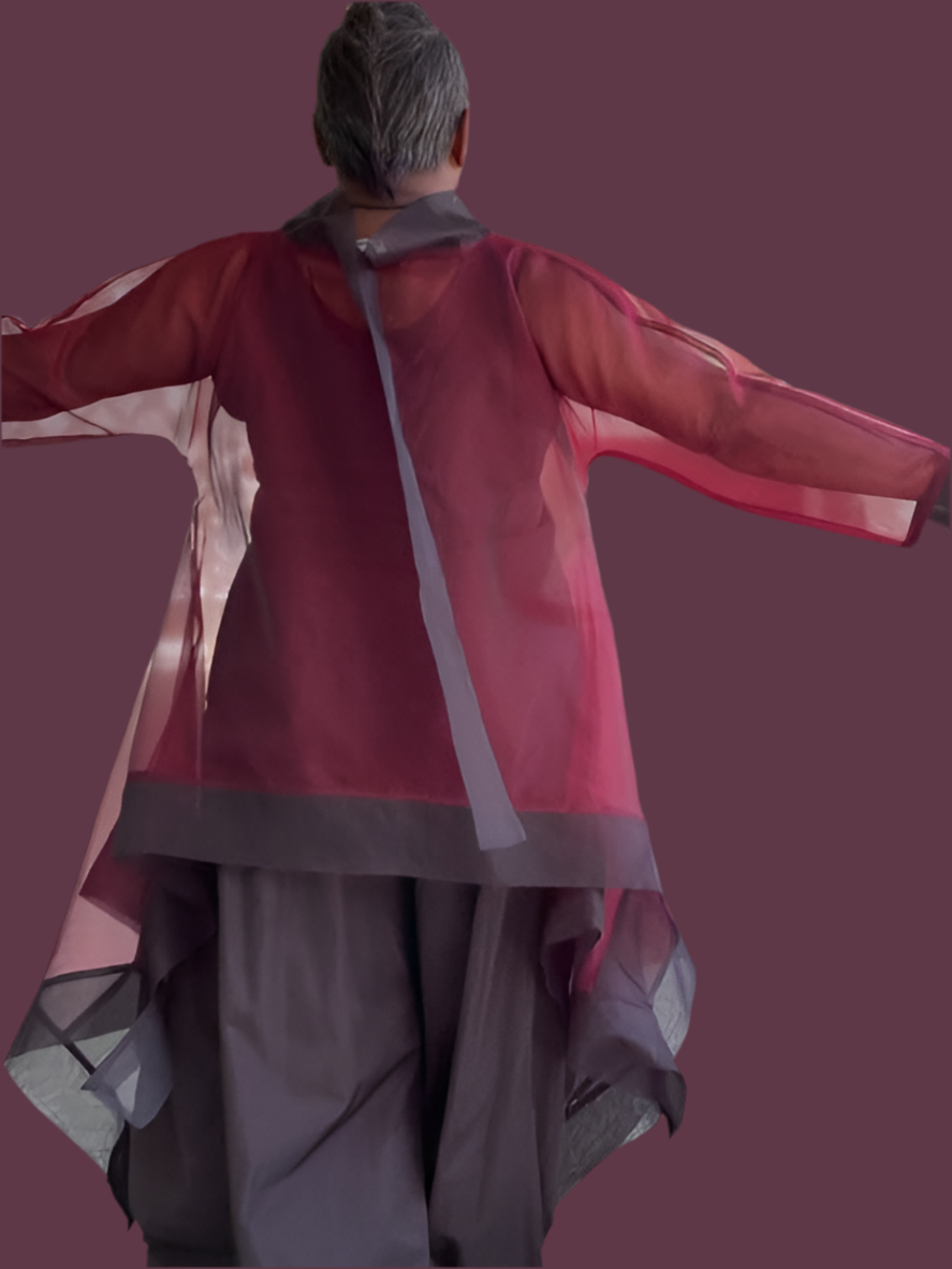 DTH 100% Silk Organza Short Waterfall Top - Maroon & Black