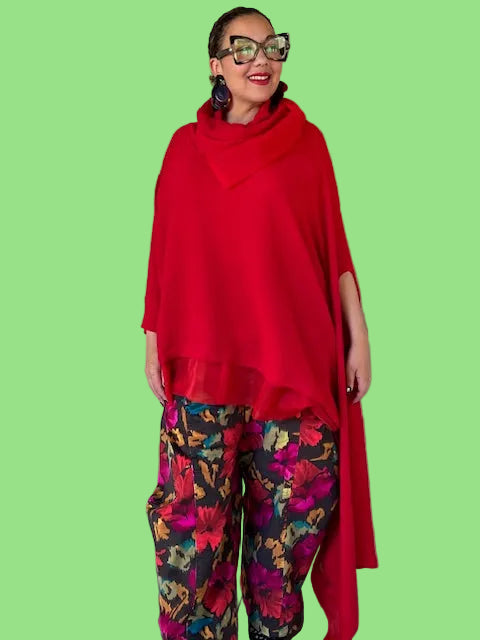 Dth Red Knit Cowl Neck Poncho