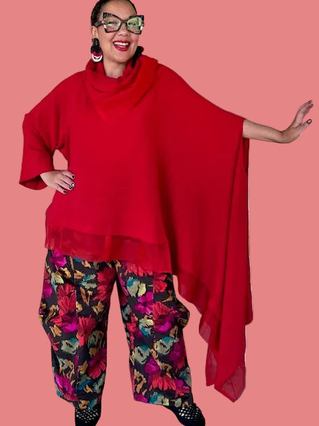 Dth Red Knit Cowl Neck Poncho
