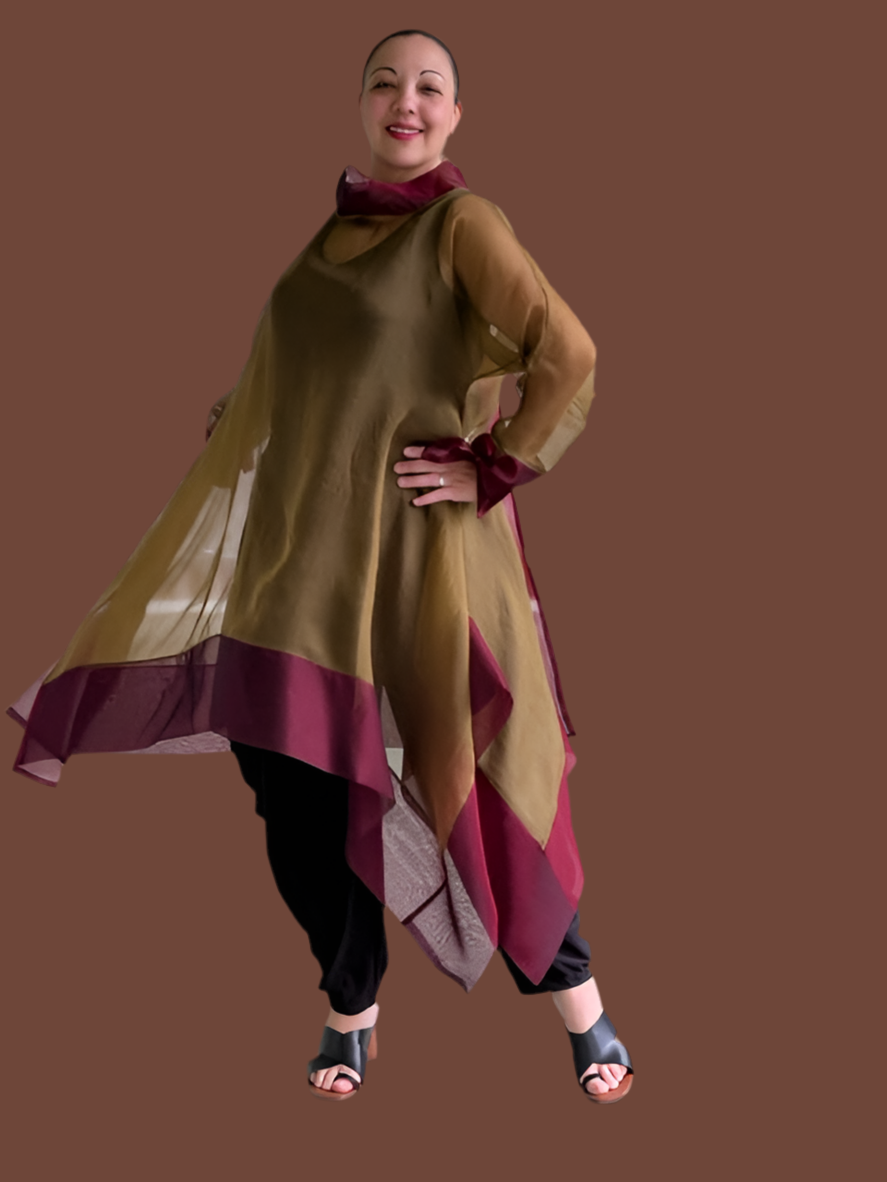 DTH 100% Silk Organza Long Tie-Back Top - Bronze/Maroon