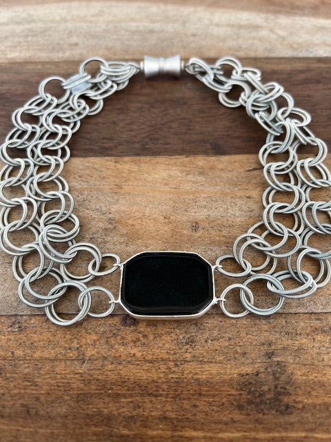 Two Strand Silver Rings Necklace Black Pendant
