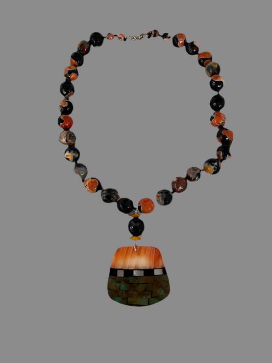 Black and Orange Agates with a Calabaza Santo Domingo Pendant