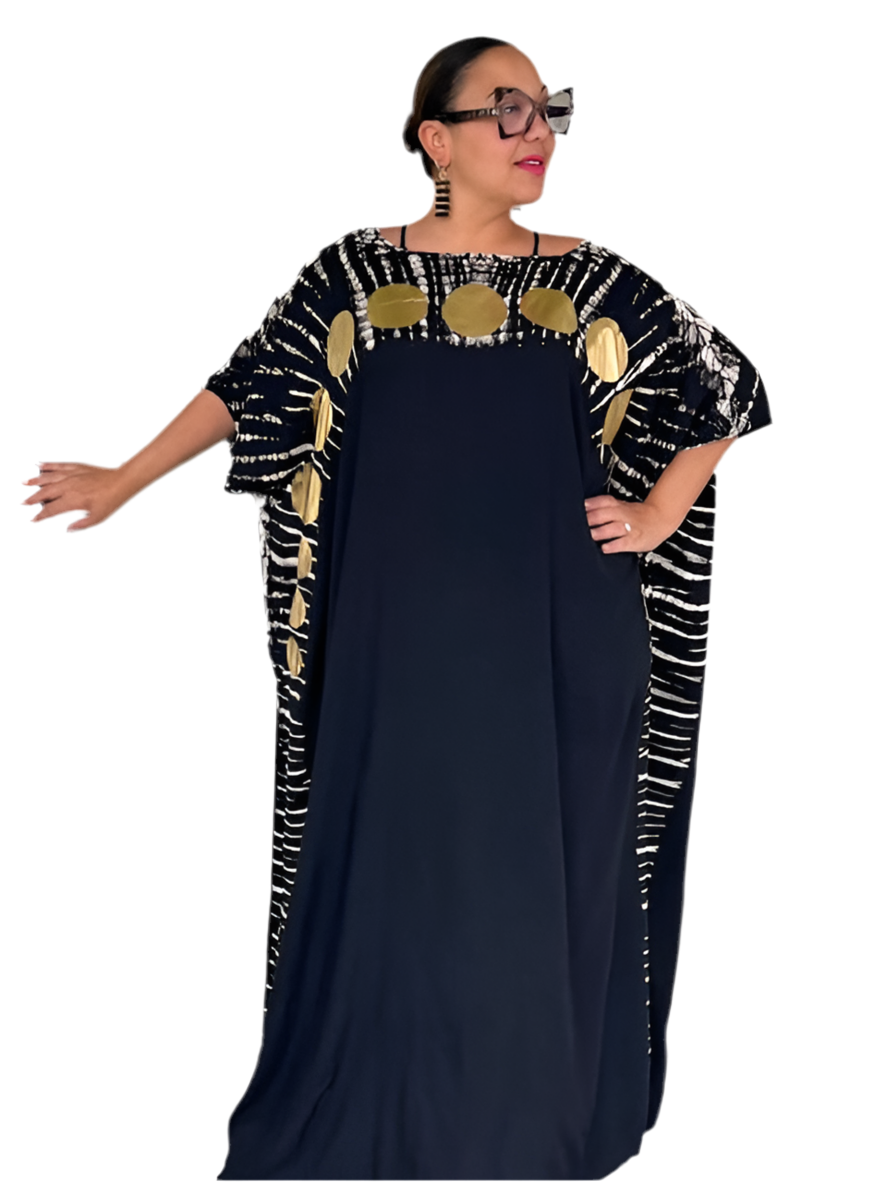 Black Caftan with  Big Gold Polka Dots
