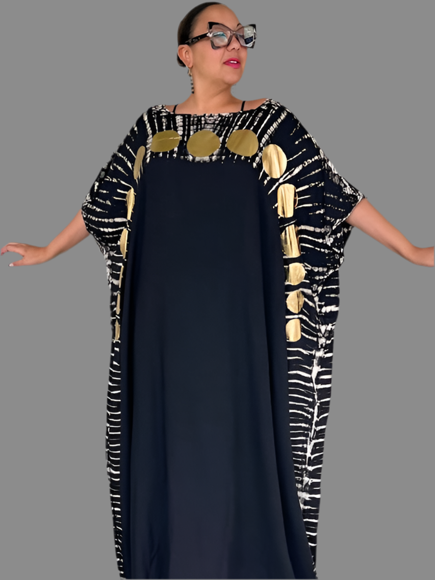 Black Caftan with  Big Gold Polka Dots