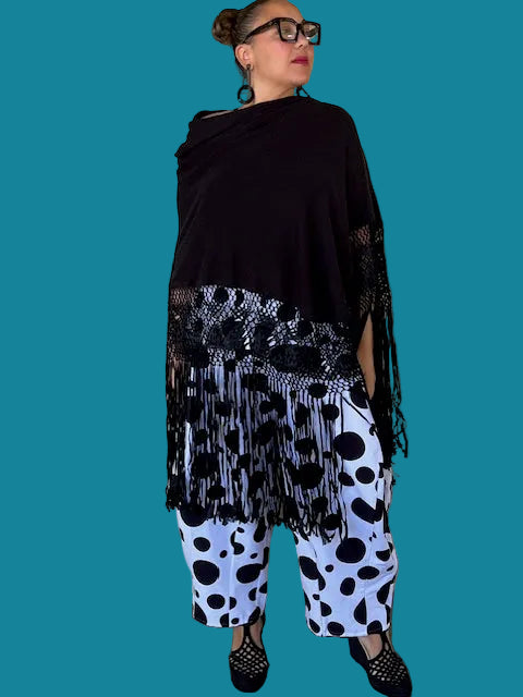 Black Silk and Cashmere Poncho with hand made macrame border