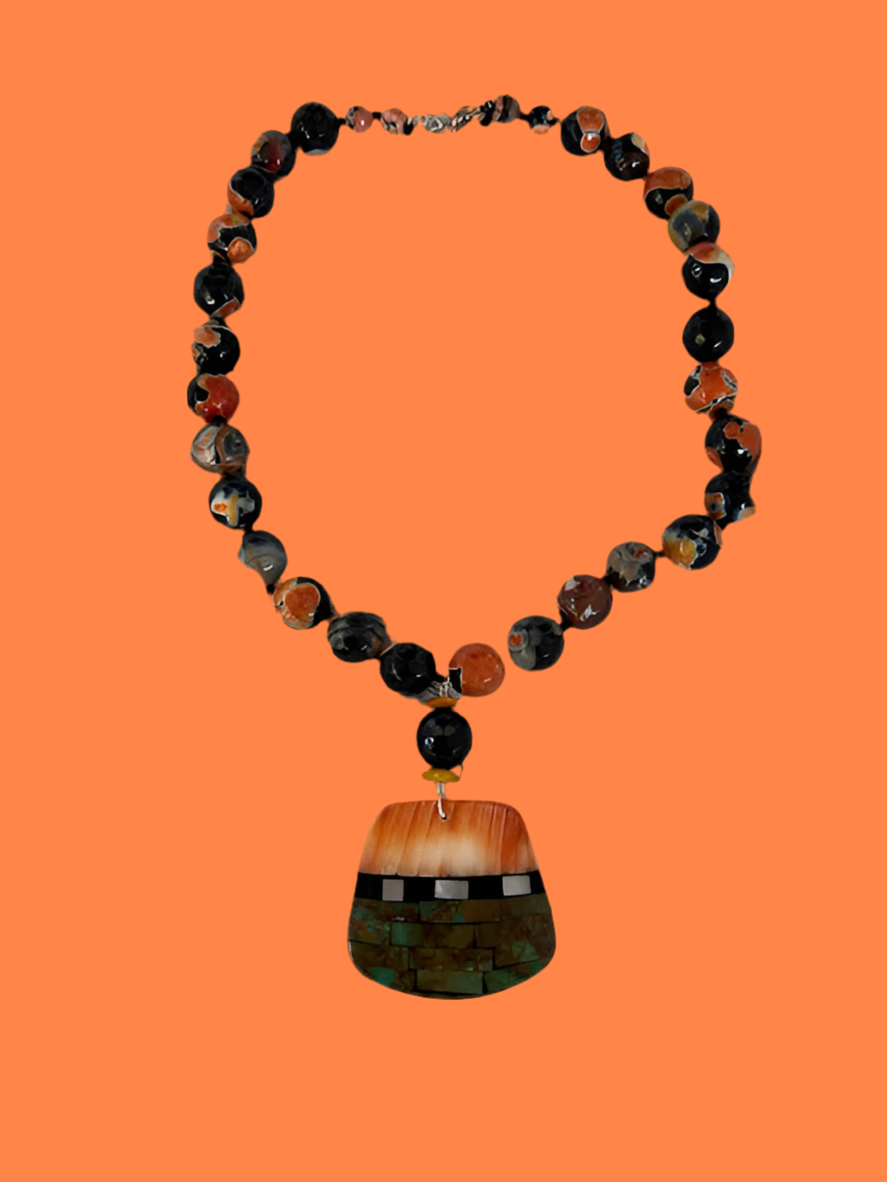 Black and Orange Agates with a Calabaza Santo Domingo Pendant
