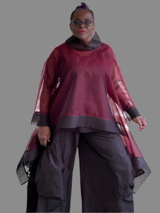 DTH 100% Silk Organza Short Waterfall Top - Maroon & Black
