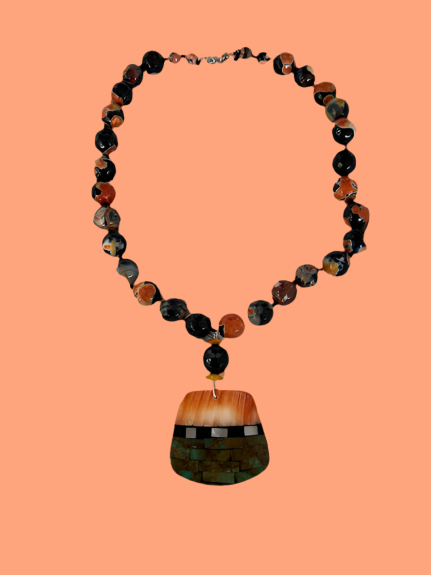 Black and Orange Agates with a Calabaza Santo Domingo Pendant