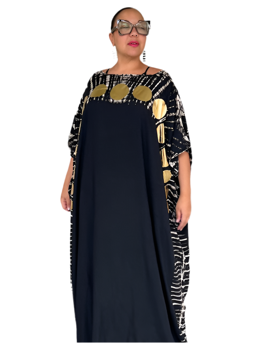Black Caftan with  Big Gold Polka Dots