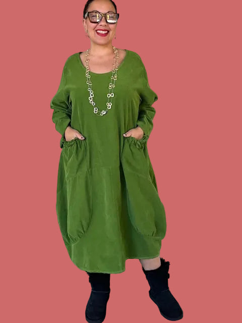 Transparente 100% Cotton Baby Wale Corduroy Bubble Dress (Moss, Mustard, or Black)