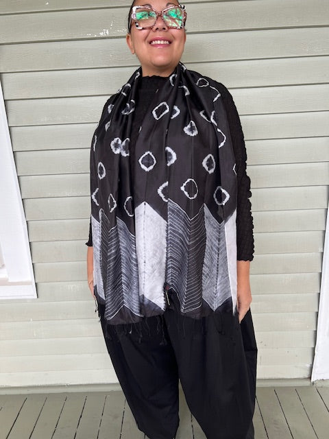 Vivi Black and White Hand Dyed Shibori scarf