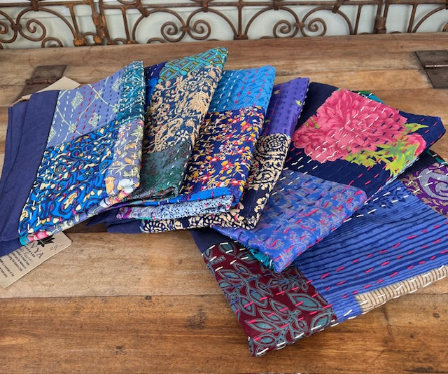 Blue Silk Kantha Patchwork Table Runners