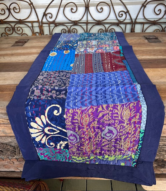 Blue Silk Kantha Patchwork Table Runners