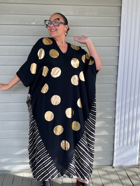 V Black Caftan With Gold Dots