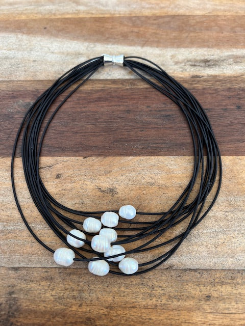 10 Strand Piano Wire and Pearl Necklace