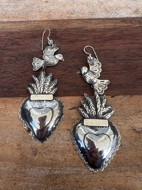 Mexican Silver Heart and Bird Earings