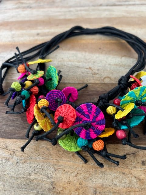Necklace Hand Made With Raffia Beads In Bright Colors