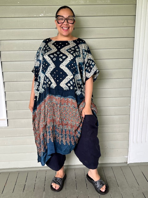 Dth 100% Silk Shibori Indigo Kaftan