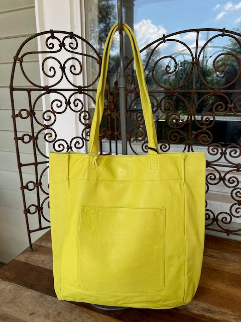 Leather Carry All Handbag In Chartreuse