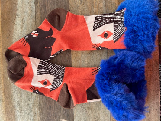 Silk Blend Faux Fur Socks -Orange & Blue