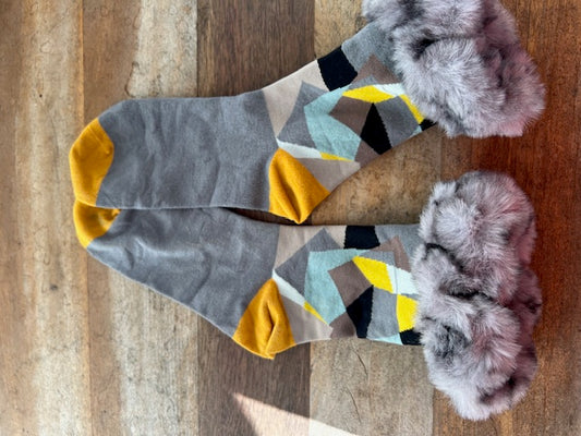 Silk Blend Faux Fur Socks -Grey & Yellow