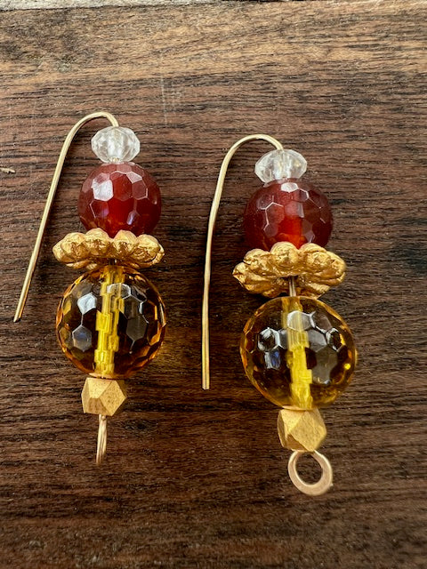 Carnelian ,24 k  Beads  Faceted Czech Glass Earrings