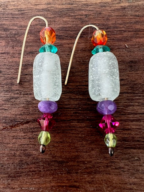 Recycled Sea Glass and Swarovski Crystal Earrings