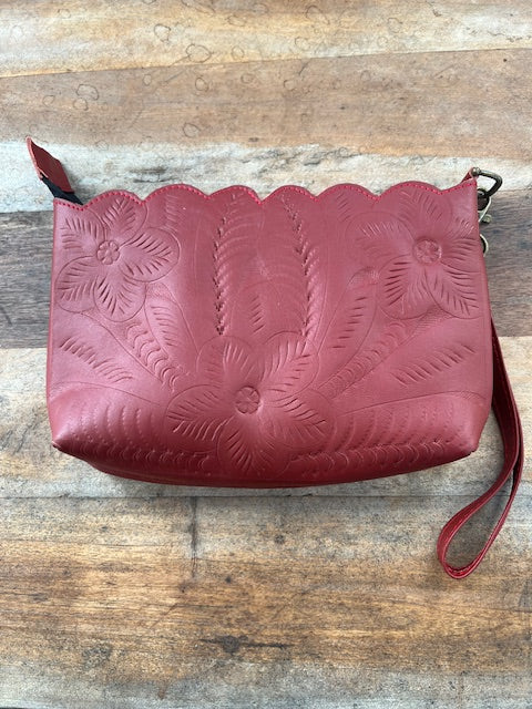 Leather Hand Tooled Wristlet Bag (red)