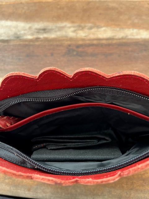 Leather Hand Tooled Wristlet Bag (red)