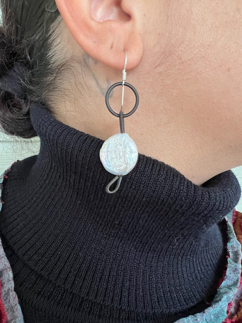 Piano Wire and Natural Pearl Earrings