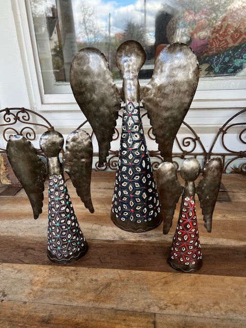 Hand Painted Set Of 3 Metal Angels