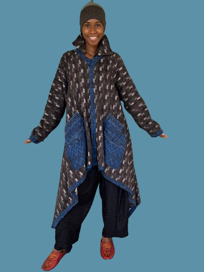DTH Wool Long Coat Trimmed With Recycled Jeans